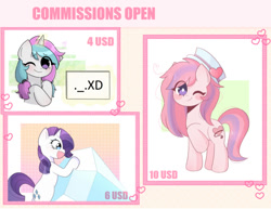 Size: 888x686 | Tagged: safe, artist:arwencuack, imported from derpibooru, rarity, tom, oc, pony, unicorn, advertisement, bust, commission, commission info, cute, full body, half body, hat, icon, paypal, white pupils