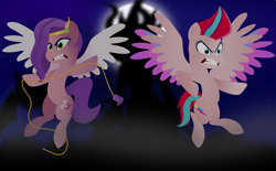 Size: 2629x1626 | Tagged: safe, artist:isaac_pony, imported from derpibooru, pipp petals, zipp storm, oc, oc:aboral death, pegasus, pony, spoiler:g5, spoiler:my little pony: a new generation, adorapipp, adorazipp, angry, badass, charger, cloud, creature, cute, cutie mark, female, fight, fog, g5, halloween, holiday, horns, loader, moon, my little pony: a new generation, night, nightmare, nightmare night, royal sisters (g5), scythe, shadow, show accurate, siblings, sisters, vector, wings