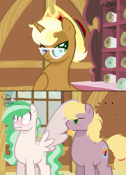 Size: 600x827 | Tagged: safe, artist:pegasister64, imported from derpibooru, oc, oc only, oc:apple turnover, oc:cortland crown, oc:mint mocha tea, earth pony, pegasus, pony, unicorn, ..., base used, blushing, cowboy hat, femboy, gay, glasses, hat, male, offspring, parent:applejack, parent:big macintosh, parent:derpy hooves, parent:rarity, parent:trenderhoof, parent:zephyr breeze, parents:derpymac, parents:trenderjack, parents:zephity, spread wings, stallion, wingboner, wings