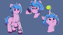 Size: 1280x720 | Tagged: safe, artist:connie_chickenn, imported from derpibooru, izzy moonbow, spoiler:my little pony: a new generation, alternate hairstyle, ball, bracelet, g5, glasses, horn, hornball, izzy's tennis ball, jewelry, my little pony: a new generation, rule 63, short hair, tennis ball