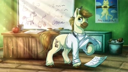 Size: 3840x2160 | Tagged: safe, artist:lupiarts, imported from derpibooru, oc, oc only, oc:calpain, earth pony, pony, classroom, clothes, cloven hooves, commission, crepuscular rays, cutie mark, desk, earth pony oc, high res, male, poster, raised hoof, smiling, solo, teacher, unshorn fetlocks