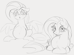 Size: 1124x845 | Tagged: safe, artist:dotkwa, imported from derpibooru, fluttershy, pegasus, pony, :o, belly, belly button, big belly, blushing, cute, female, floppy ears, grayscale, looking at you, lying down, mare, monochrome, open mouth, outie belly button, preggoshy, pregnant, prone, shyabetes, simple background, sitting, sketch, smiling, solo, spread wings, sweat, white background, wings