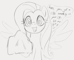 Size: 823x665 | Tagged: safe, artist:dotkwa, imported from derpibooru, fluttershy, pegasus, pony, cute, dialogue, female, fluttermom, grayscale, handkerchief, looking at you, mare, monochrome, open mouth, open smile, shyabetes, simple background, sketch, smiling, solo, spread wings, talking to viewer, white background, wings