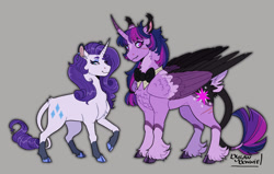 Size: 1280x816 | Tagged: safe, artist:dylandonnie, imported from derpibooru, rarity, twilight sparkle, alicorn, classical unicorn, pony, unicorn, vampire, blaze (coat marking), bowtie, chest fluff, cloven hooves, coat markings, colored hooves, colored horn, colored wings, curved horn, cutie mark, duo, ear piercing, ear tufts, earring, eyeshadow, facial markings, fangs, female, gray background, horn, jewelry, leonine tail, lesbian, makeup, piercing, ponytail, rarilight, redesign, scar, shipping, simple background, smiling, socks (coat markings), twilight sparkle (alicorn), unshorn fetlocks, wings