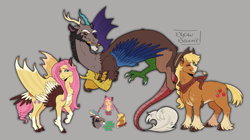 Size: 3000x1682 | Tagged: safe, artist:dylandonnie, imported from derpibooru, applejack, discord, fluttershy, draconequus, earth pony, hybrid, pegasus, pony, applejack's hat, appleshy, bandana, bisexual, chest fluff, cloven hooves, cowboy hat, cutie mark, discoshy, eye scar, fangs, female, gray background, hat, heterochromia, hybrid wings, lesbian, male, neckerchief, one eye closed, polyamory, scar, shipping, simple background, smiling, snaggletooth, spread wings, straight, straw in mouth, trio, unshorn fetlocks, wings