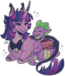 Size: 296x348 | Tagged: safe, artist:dylandonnie, imported from derpibooru, spike, twilight sparkle, classical unicorn, dragon, pony, unicorn, vampire, blaze (coat marking), bowtie, cloven hooves, coat markings, coffee mug, colored ear, curved horn, duo, ear tufts, eyes closed, facial markings, fangs, horn, leaning on someone, leonine tail, lying down, mug, redesign, simple background, sitting, smiling, sparkles, tail spines, transparent background, unshorn fetlocks