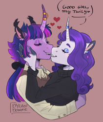 Size: 800x949 | Tagged: safe, artist:dylandonnie, imported from derpibooru, rarity, twilight sparkle, anthro, unicorn, vampire, bow, clothes, colored ears, curved horn, duo, ear piercing, ear tufts, earring, fangs, female, hair bow, heart, horn, horn ring, jewelry, kissing, lesbian, nail polish, piercing, rarilight, ring, scar, shipping, shirt, simple background, smiling, speech bubble, sweater, turtleneck, vest