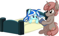 Size: 9417x5709 | Tagged: safe, artist:cyanlightning, imported from derpibooru, oc, oc:auburn flare, oc:ocean swell, unicorn, .svg available, absurd resolution, bed, book, female, filly, lying, reading, siblings, simple background, teenager, transparent background, vector, younger