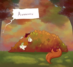 Size: 2048x1883 | Tagged: safe, artist:confetticakez, imported from derpibooru, part of a set, autumn blaze, kirin, :p, awwtumn blaze, cute, ears, female, heart, hiding, horn, leaf pile, mare, solo, speech bubble, tail, tongue out