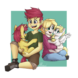 Size: 2500x2500 | Tagged: safe, artist:lionbun, imported from derpibooru, oc, oc:clover, oc:golden horseshoe, pegasus, pony, unicorn, equestria girls, clothes, commission, cute, equestria girls-ified, high res, holding a pony, human ponidox, jeans, pants, parent:fluttershy, self ponidox, shirt, shorts, siblings, socks, stocking feet, sweater, t-shirt