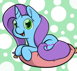 Size: 2560x2368 | Tagged: safe, artist:zombietator, imported from derpibooru, oc, oc only, pony, unicorn, eyelashes, high res, horn, lying down, pillow, polka dot background, prone, smiling, solo, unicorn oc