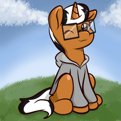 Size: 3000x3000 | Tagged: safe, artist:zombietator, imported from derpibooru, oc, oc only, pony, unicorn, clothes, glasses, high res, hoodie, horn, male, one eye closed, outdoors, smiling, solo, stallion, unicorn oc, wink