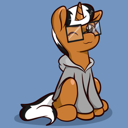 Size: 3000x3000 | Tagged: safe, artist:zombietator, imported from derpibooru, oc, oc only, pony, unicorn, background removed, blue background, clothes, glasses, high res, hoodie, male, one eye closed, simple background, smiling, solo, stallion, wink