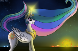 Size: 3471x2270 | Tagged: safe, artist:qnighter, imported from derpibooru, princess celestia, alicorn, pony, carnival, ferris wheel, high res, lights, magic, night, solo, starry night, stars