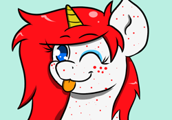 Size: 1100x768 | Tagged: safe, artist:tranzmuteproductions, imported from derpibooru, oc, oc only, oc:red note, pony, unicorn, :p, blue background, female, freckles, horn, makeup, mare, one eye closed, simple background, solo, tongue out, unicorn oc, wink
