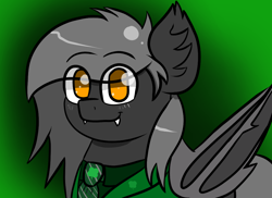 Size: 1000x729 | Tagged: safe, artist:tranzmuteproductions, imported from derpibooru, oc, oc only, oc:tranzmute, bat pony, pony, bat pony oc, bat wings, bust, clothes, ear fluff, eye clipping through hair, gradient background, necktie, smiling, solo, suit, wings