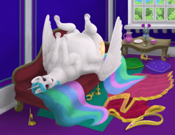 Size: 1400x1081 | Tagged: safe, artist:soobel, imported from derpibooru, discord, princess celestia, alicorn, draconequus, cake, cakelestia, chubbylestia, eye reflection, fat, female, food, huge belly, looking at you, majestic as fuck, male, mare, not salmon, obese, on back, open mouth, reflection, thick, wat