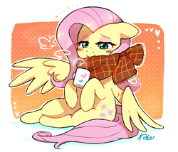 Size: 1806x1546 | Tagged: safe, artist:fuyugi, imported from derpibooru, fluttershy, pegasus, pony, abstract background, blushing, chocolate, clothes, cozy, cute, female, floppy ears, food, holding, hot chocolate, lidded eyes, mare, mug, out of frame, scarf, shyabetes, solo