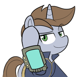 Size: 618x610 | Tagged: safe, artist:icey, imported from derpibooru, oc, oc only, oc:littlepip, pony, unicorn, fallout equestria, clothes, female, horn, jumpsuit, lidded eyes, looking at you, mare, meme, pipbuck, raised eyebrow, raised hoof, simple background, smiling, smiling at you, solo, tail, transparent background, unicorn oc, vault suit