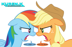 Size: 2000x1319 | Tagged: safe, artist:kuren247, imported from derpibooru, applejack, rainbow dash, earth pony, pegasus, pony, angry, argument, cowboy hat, fight, hat, looking at each other, simple background, speech bubble, text, transparent background, vector, yelling