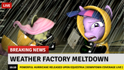 Size: 1600x900 | Tagged: safe, artist:minimalistichipster, artist:rottenthemaker, imported from derpibooru, fluttershy, twilight sparkle, pony, 3d, boots, city, clothes, duo, news, night, rain, raincoat, reporter, shoes, source filmmaker, storm, television, weather factory, wind, windswept mane