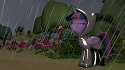 Size: 1600x900 | Tagged: safe, artist:minimalistichipster, artist:rottenthemaker, imported from derpibooru, twilight sparkle, pony, 3d, cloud, cloudy, garden, plants, rain, raincoat, solo, source filmmaker, storm