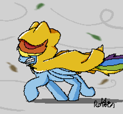 Size: 400x370 | Tagged: safe, artist:minimalistichipster, artist:rottenthemaker, imported from derpibooru, rainbow dash, pegasus, pony, pixel art, raincoat, solo, wind, windswept mane