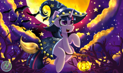 Size: 2000x1200 | Tagged: safe, artist:julie25609, imported from derpibooru, twilight sparkle, bat, pony, unicorn, broom, cloud, flying, flying broomstick, night, pumpkin bucket, sky, solo, star swirl the bearded costume, stars, tree, unicorn twilight