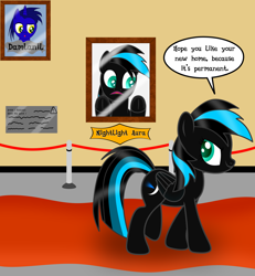 Size: 3840x4154 | Tagged: safe, artist:damlanil, imported from derpibooru, oc, oc:nightlight aura, pegasus, pony, art museum, comic, commission, doppelganger, duo, female, frog (hoof), mare, museum, painting, permanent, replacement, shiny mane, show accurate, smiling, story, story included, underhoof, vector, wings