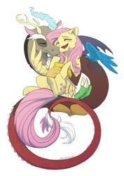 Size: 595x842 | Tagged: safe, artist:basykail, imported from derpibooru, discord, fluttershy, draconequus, pegasus, pony, 2021, cute, discoshy, eyes closed, female, hug, male, mare, open mouth, shipping, simple background, smiling, straight, white background