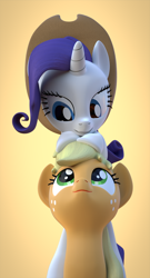 Size: 2060x3820 | Tagged: safe, artist:wissle, imported from derpibooru, applejack, rarity, earth pony, pony, unicorn, 3d, accessory swap, applejack's hat, blender, cowboy hat, cute, duo, female, happy, hat, high res, lesbian, looking at each other, mare, pony pile, rarijack, shipping, simple background, smiling