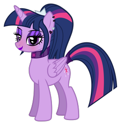 Size: 4432x4518 | Tagged: safe, artist:severity-gray, imported from derpibooru, twilight sparkle, alicorn, pony, alternate hairstyle, bedroom eyes, choker, collar, ear piercing, eyeliner, female, lipstick, makeup, mare, piercing, ponytail, simple background, solo, tail, tail wrap, transparent background, twilight sparkle (alicorn)