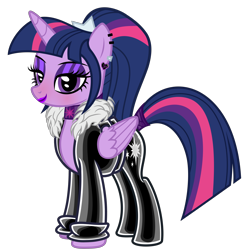 Size: 4432x4518 | Tagged: safe, alternate version, artist:severity-gray, imported from derpibooru, twilight sparkle, alicorn, pony, alternate hairstyle, bedroom eyes, choker, clothes, collar, ear piercing, eyeliner, female, jacket, latex, latex clothes, latex pants, leggings, lipstick, makeup, mare, pants, piercing, ponytail, simple background, solo, tail, tail wrap, transparent background, twilight sparkle (alicorn)