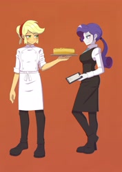 Size: 2894x4093 | Tagged: safe, artist:haibaratomoe, imported from derpibooru, applejack, rarity, equestria girls, alternate hairstyle, apron, cake, chef, clothes, female, food, lesbian, menu, orange background, pants, plate, rarijack, shipping, shoes, simple background, suit, waitress