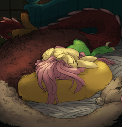 Size: 1156x1200 | Tagged: safe, artist:snspony, imported from derpibooru, discord, fluttershy, draconequus, pegasus, pony, discoshy, female, lying down, male, on back, shipping, sleeping, straight