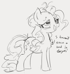 Size: 597x639 | Tagged: safe, artist:dotkwa, imported from derpibooru, pinkie pie, earth pony, pony, bags under eyes, chest fluff, female, grayscale, mare, monochrome, sketch, solo, tired