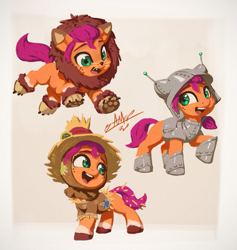 Size: 1025x1080 | Tagged: safe, artist:assasinmonkey, imported from derpibooru, sunny starscout, earth pony, pony, spoiler:my little pony: a new generation, clothes, costume, cute, female, filly, filly sunny starscout, foal, g5, halloween, halloween costume, hnnng, holiday, my little pony: a new generation, open mouth, sunnybetes, the wizard of oz, weapons-grade cute