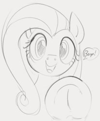 Size: 628x758 | Tagged: safe, artist:dotkwa, imported from derpibooru, fluttershy, pegasus, pony, boop, cute, dialogue, female, frog (hoof), grayscale, looking at you, mare, monochrome, open mouth, shyabetes, simple background, sketch, solo, speech bubble, talking, underhoof