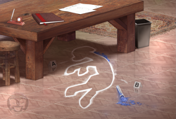 Size: 1269x864 | Tagged: safe, artist:calena, imported from derpibooru, pony, book, carpet, chalk, cover art, crime scene, fimfiction, floor, markings, mystery, paper, pencil, scenery, stool, table, trash can