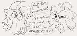 Size: 649x305 | Tagged: safe, artist:dotkwa, imported from derpibooru, fluttershy, pinkie pie, earth pony, pegasus, pony, dialogue, female, grayscale, mare, monochrome, sketch