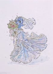 Size: 1992x2816 | Tagged: safe, artist:ksdt-2, imported from derpibooru, oc, oc only, oc:bright stellaris, anthro, earth pony, anthro oc, bouquet, clothes, dress, flower, simple background, smiling, solo, standing, traditional art, veil, wedding dress