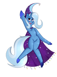 Size: 1100x1500 | Tagged: safe, artist:queenbluestar, imported from derpibooru, trixie, semi-anthro, unicorn, cape, chest, chest fluff, clothes, hat, open mouth, smiling, solo