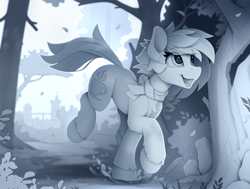 Size: 2400x1810 | Tagged: safe, artist:yakovlev-vad, imported from derpibooru, oc, oc only, earth pony, pony, chest fluff, clothes, eye clipping through hair, lacrimal caruncle, running, scarf, solo, tree, unshorn fetlocks