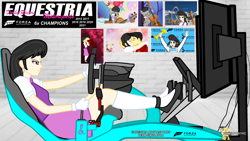 Size: 3840x2160 | Tagged: safe, artist:forzaveteranenigma, imported from derpibooru, octavia melody, oc, oc:assetto-forza massimo, human, equestria girls, ballet slippers, clothes, digital art, dress, ear piercing, earring, female, flats, forza motorsport, high res, human coloration, jewelry, male, monitors, outfit, piercing, racing simulator, serious, serious face, shoes, sim racing, sim setup, straight, watermark