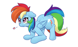 Size: 4000x2432 | Tagged: safe, artist:yelowcrom, imported from derpibooru, rainbow dash, pegasus, pony, backwards cutie mark, beanbrows, behaving like a cat, behaving like a dog, butt fluff, cute, dashabetes, eyebrows, eyebrows visible through hair, face down ass up, female, heart, mare, simple background, solo, white background