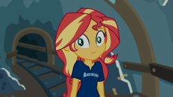 Size: 1280x720 | Tagged: safe, edit, edited screencap, imported from derpibooru, screencap, sunset shimmer, all the world's off stage, equestria girls, equestria girls series, baseball, clothes, looking at you, major league baseball, seattle mariners, shirt, smiling, solo, sports