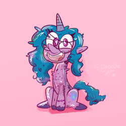 Size: 2000x2000 | Tagged: safe, alternate version, artist:dooodlecapt, imported from derpibooru, izzy moonbow, pony, unicorn, female, g5, glasses, high res, open mouth, simple background, sitting, solo