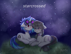 Size: 1024x768 | Tagged: safe, artist:inxinfate, imported from derpibooru, dj pon-3, octavia melody, vinyl scratch, earth pony, pony, unicorn, blushing, duo, eyes closed, female, lesbian, night, scratchtavia, shipping