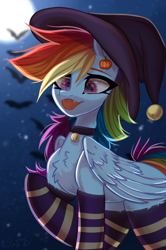 Size: 2048x3084 | Tagged: safe, artist:maybeweed, imported from derpibooru, rainbow dash, bat, pegasus, pony, :p, bell, bell collar, chest fluff, clothes, collar, costume, halloween, halloween costume, hat, high res, holiday, moon, pumpkin, socks, striped socks, tongue out, witch hat