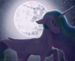 Size: 1924x1569 | Tagged: safe, artist:lorddefius, imported from derpibooru, princess celestia, alicorn, pony, crying, female, mare in the moon, moon, solo